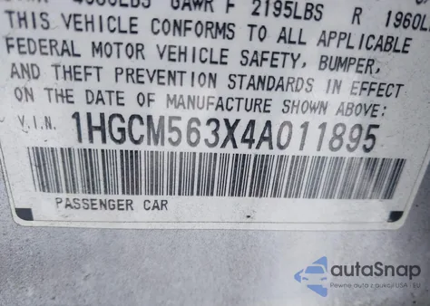 2004 Honda Accord 2.4 Lx from USA, damaged, VIN 1HGCM563X4A011895
